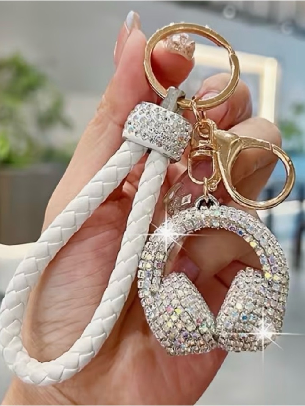 Crystal Headphone Keychain Wristlet - White